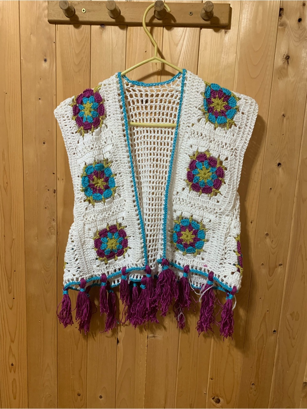 Handmade Crochet White Vest with Colorful Granny Squares & Magenta Fringe